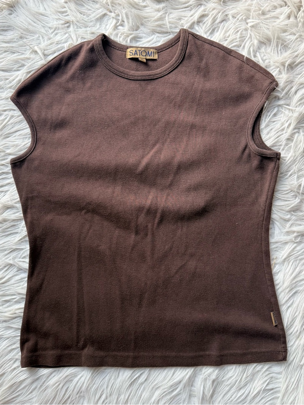 Vintage Y2K Satomi Brown Fitted Cap Sleeve T-Shirt XL Minimalist 90s